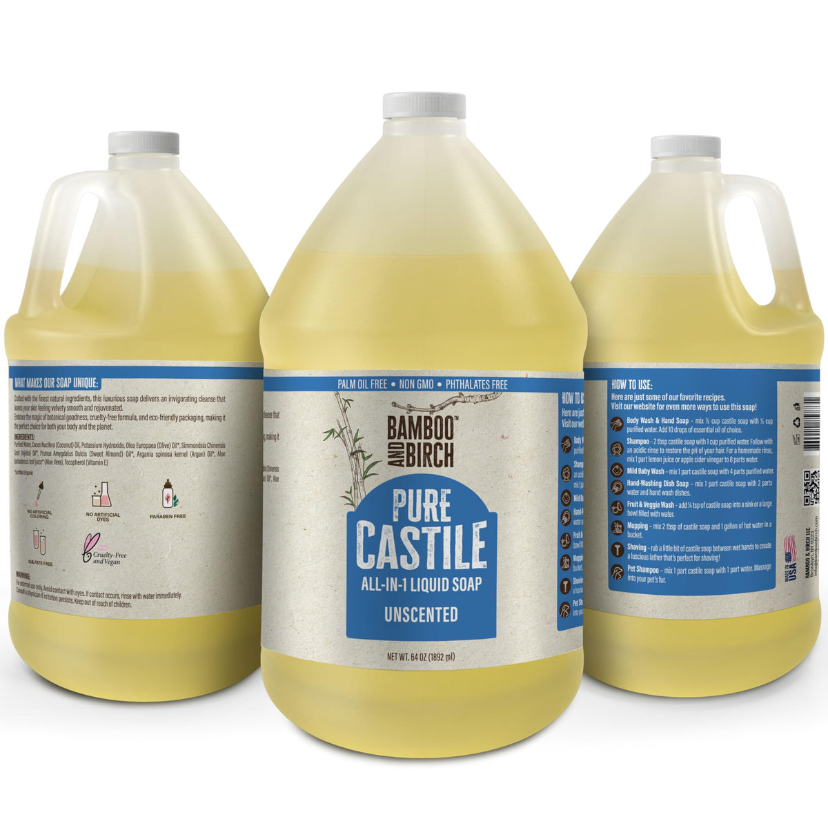 BAMBOO AND BIRCH Pure Castile Soap Liquid, Unscented, 64 oz