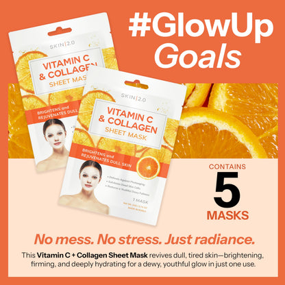 Skin 2.0 Vitamin C & Collagen Sheet Mask - Anti-Aging, Wrinkle & Age Spot Reducer, Hydrating & Moisturizing - Dermatologist Tested Korean Skincare, Clean Beauty, Cruelty-Free, All Skin Types - 5 Masks