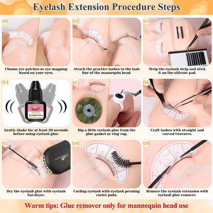 Lashes Kit for Eyelash Extension Beginner Lash Tech Starter Kit with Eye Lash Mannequin Head, Professional Eyelash Extension Kit with Lash Fan, Extension Glue and Eyelash Remover for Practice Training