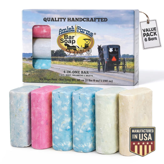 Amish Farms Bar Soap w/All Natural Bentonite Clay (6 Bars) Made in USA, Vegan Moisturizing for Sensitive Skin | Women & Mens Face & Body Bar Bath Soap for Shower | Clean Scent | 5 Ounce Each
