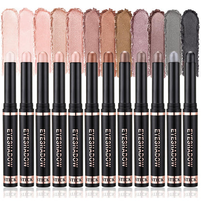 12 Colors Shimmer Eyeshadow Stick Set, Cream Eye Shadow Pen for Beginners