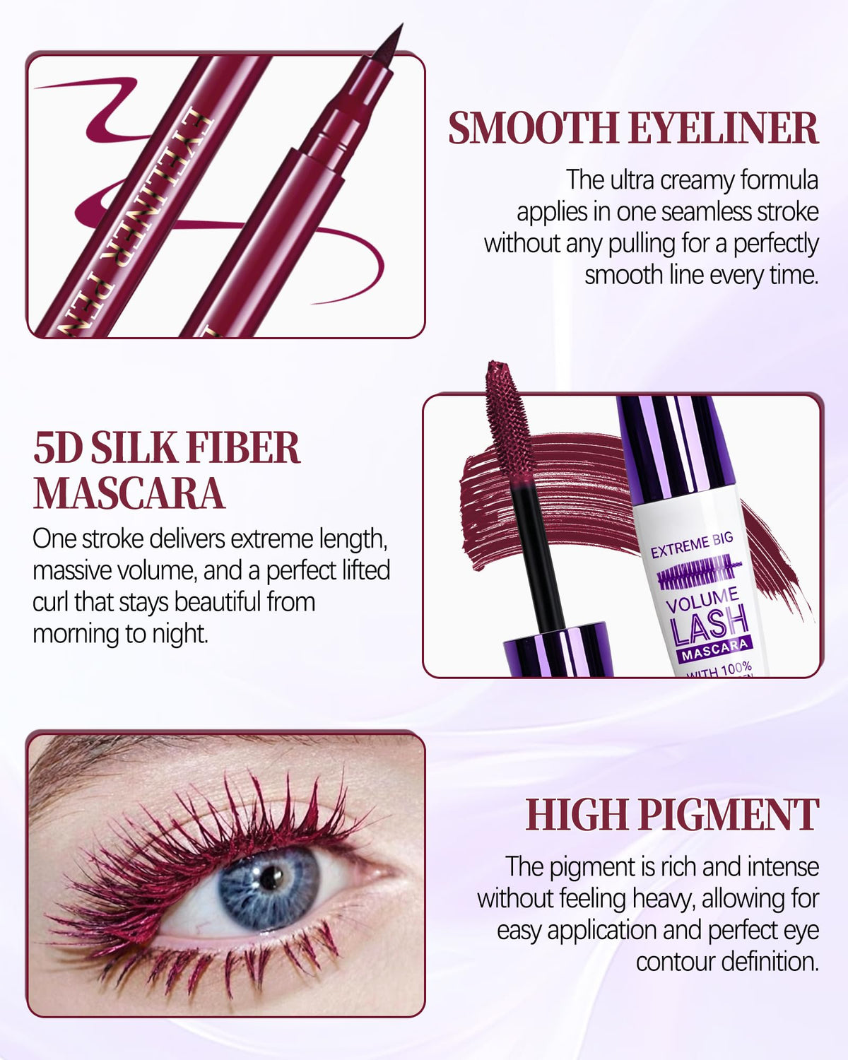 Burgundy Waterproof Mascara Eyeliner, Colored Tubing Mascara Eye Liner Set