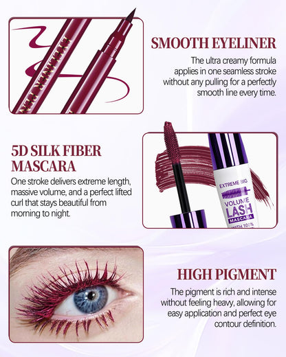 Burgundy Waterproof Mascara Eyeliner, Colored Tubing Mascara Eye Liner Set