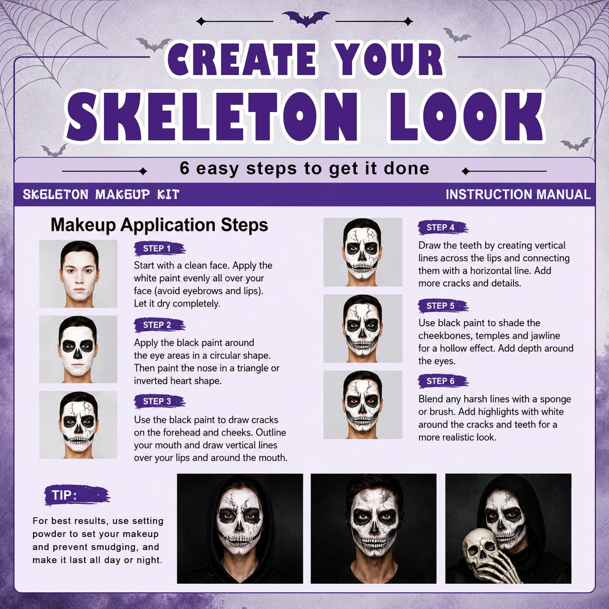 XINGXYUEL Halloween Skeleton Makeup Kit, White Black Grey Face Body Paint