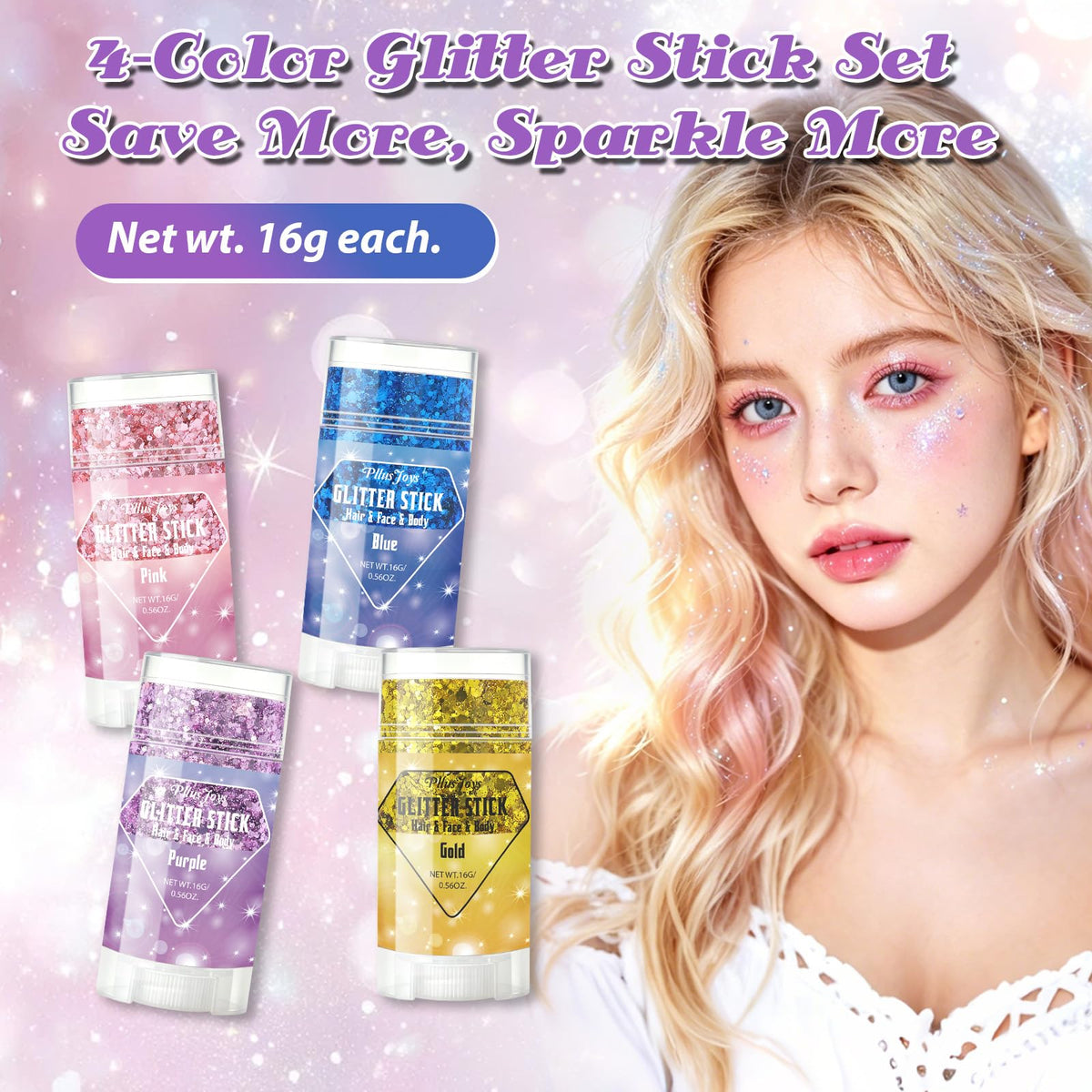 4Pcs Body Glitter Stick Set (Pink/Blue/Gold/Purple) Each 0.56oz