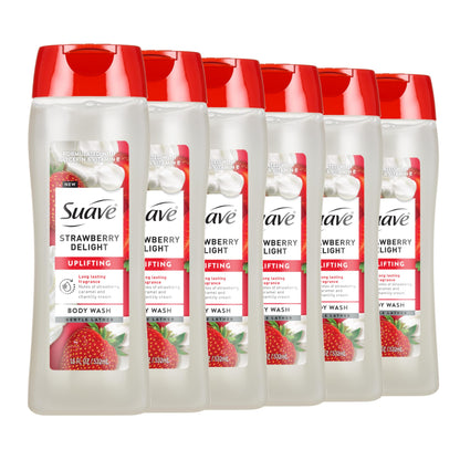 Suave Strawberry Delight Uplifting Body Wash, Formulated with Glycerin and Vitamin E for Hydrating and Gently Cleansing Skin, 18 FL OZ, 6 Pack