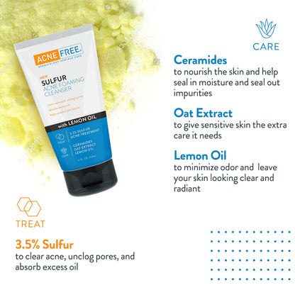 Acne Free Sulfur Acne Foaming Cleanser with Lemon Oil, and Oat Extract, 5 Ounces