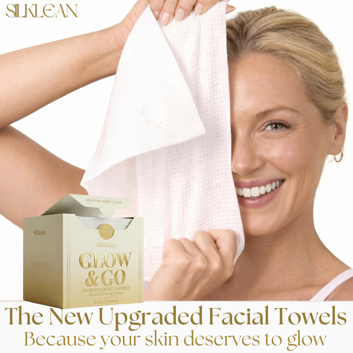 Silklean Glow & Go XL Disposable Face Towel 10x15 Inch, 100% Biodegradable Premium Towels for Fine Line Prevention & Radiant Skin, Chemical Free, 50 Count One Month Supply, 1 Pack