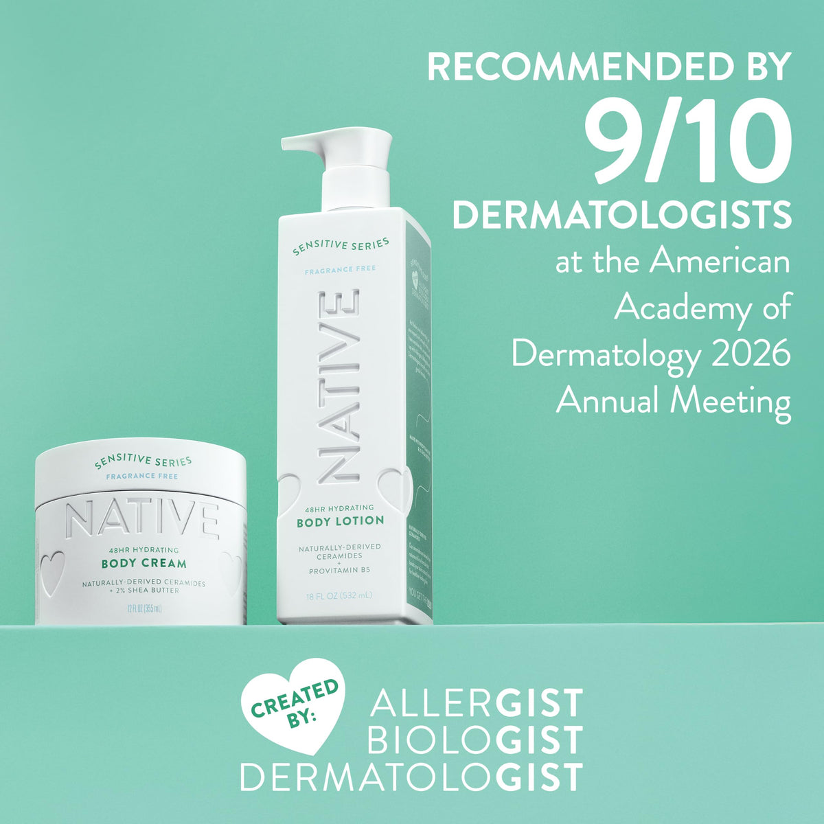 Native Sensitive Body Lotion, 48H Hydration for Soft Skin, Hypoallergenic Fragrance, Free from 81 Known Allergens, Naturally Derived Ceramides, Fragrance Free, 18 Fl Oz