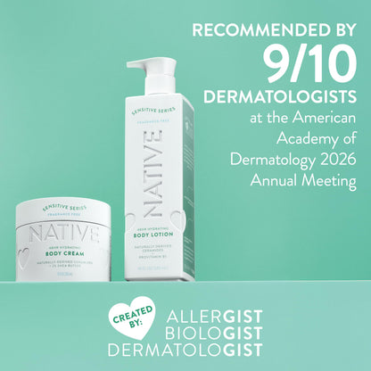 Native Sensitive Body Lotion, 48H Hydration for Soft Skin, Hypoallergenic Fragrance, Free from 81 Known Allergens, Naturally Derived Ceramides, Fragrance Free, 18 Fl Oz