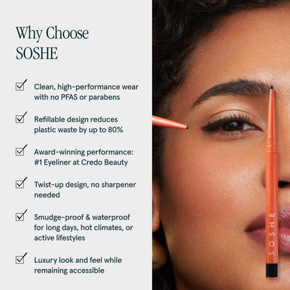 SOSHE Beauty - Waterproof Precision Eyeliner | 1.5mm Smudge-Proof Gel Liner| Easy Refills | Cruelty-Free, Certified Plastic Negative (Lovesick - Burgundy Brown)