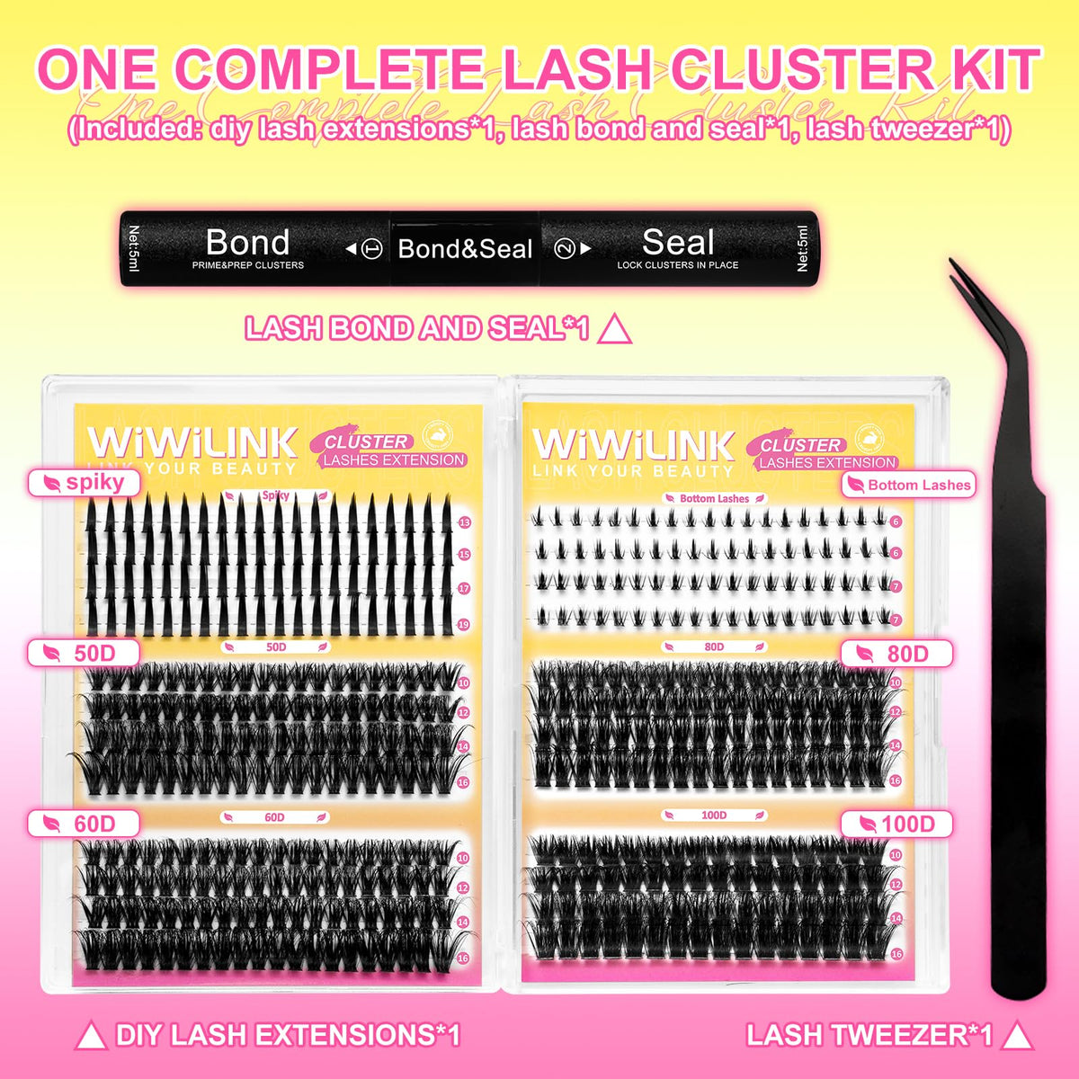 WiWiLINK Fluffy Lash Clusters Kit Wispy 452Pcs Eyelash Clusters with Spikes 50D 60D 80D 100D Manga Cluster Eyelash Extensions Kit Volume Lash Extension 10-16mm False Eyelashes Kit