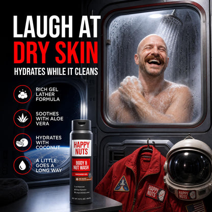 HAPPY NUTS Big Wood Body and Nut Wash - Moisturizing Men's Shower Gel, Bodywash with Deep Cleanse for Sensitive Skin - Men's Body Soap
