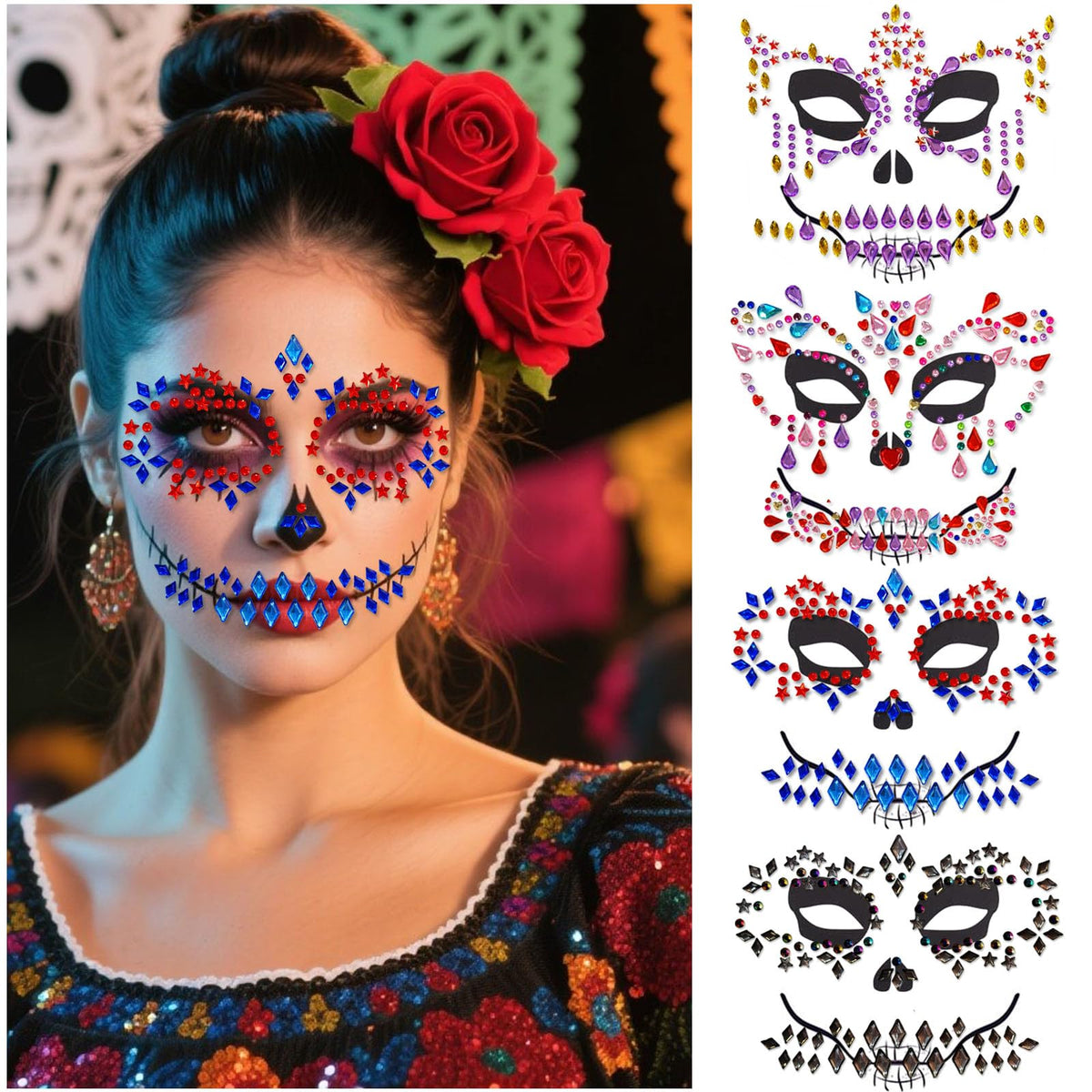 Halloween Face Jewels Temporary Tattoos – 4 Pack Day of the Death Rhinestone Skull Face Gems – Crystal Eye Glitter Stickers for Halloween Makeup, Cosplay & Horror Party Supplies (4 PCS)