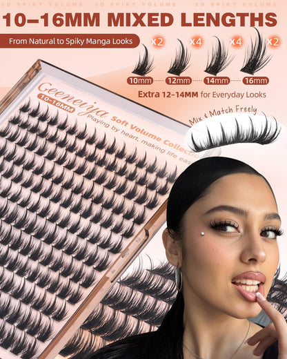Geeneiya Manga Lash Clusters with Spikes D Curl Eyelash Clusters 10-16mm