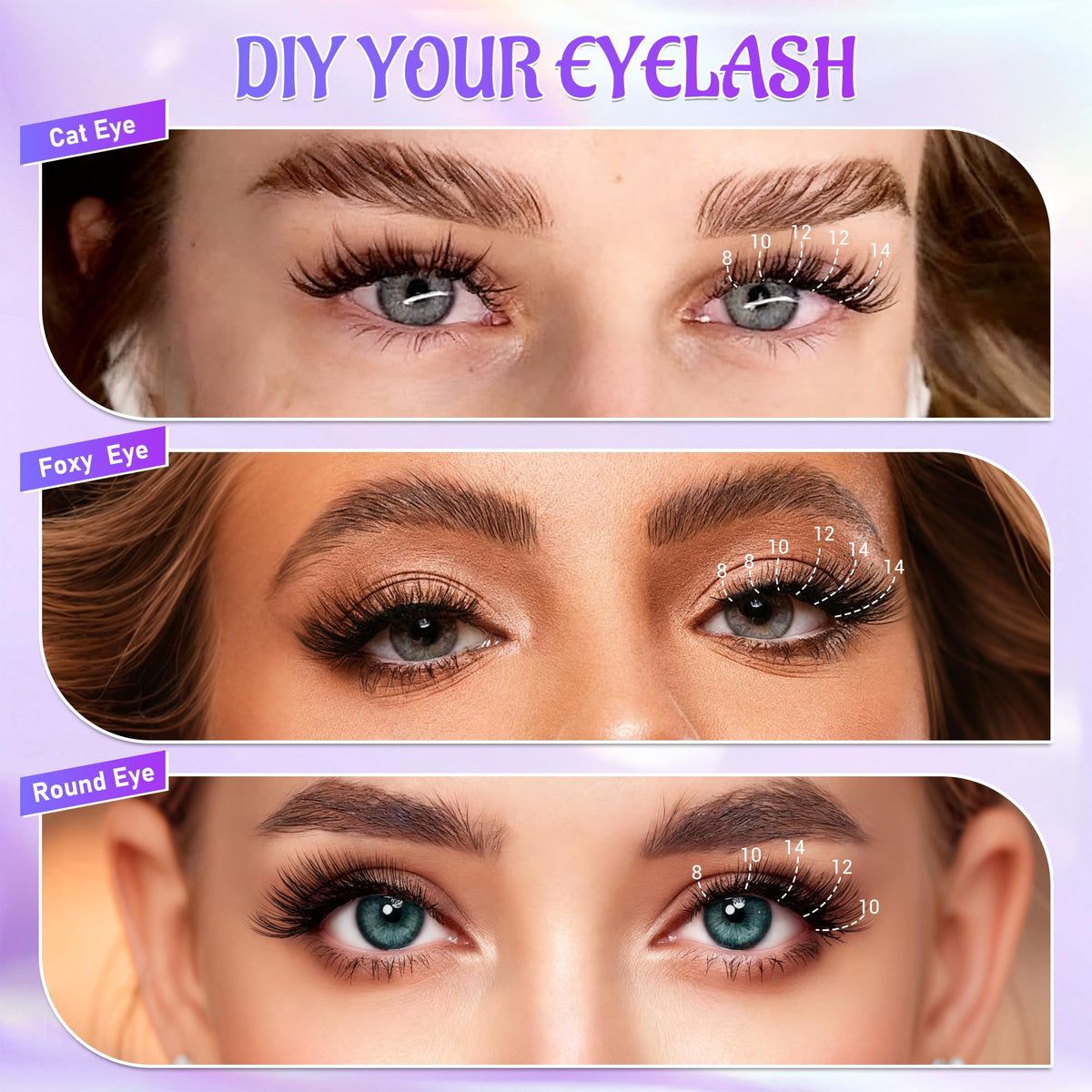 Self Adhesive Eyelashes, Individual Lashes Clusters for Fluffy Lash Clusters Kit, Pre Lash Glue Wispy Cluster Eyelash Extensions Kit Easy to Apply 120 PCs 8mm 10mm 12mm 14mm