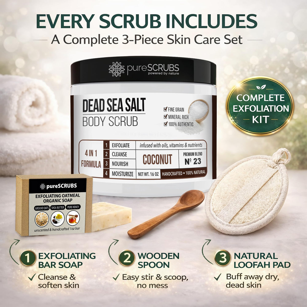 pureSCRUBS Premium Coconut Body Scrub Set, Exfoliating Dead Sea Salt Scrub