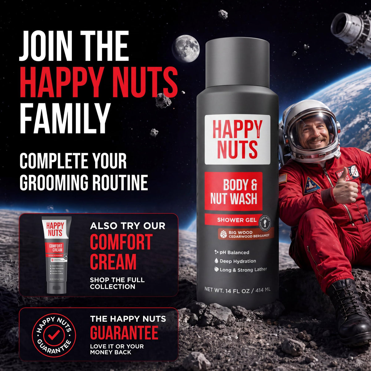 HAPPY NUTS Big Wood Body and Nut Wash - Moisturizing Men's Shower Gel, Bodywash with Deep Cleanse for Sensitive Skin - Men's Body Soap