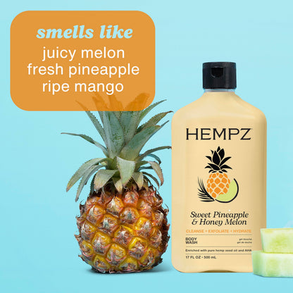 Hempz Body Wash - Sweet Pineapple & Honey Melon - Hydrating for Sensitive Skin, Scented, Exfoliating with Shea Butter, Pure Hemp Seed Oil, and Algae for Sensitive Skin - 17 fl oz