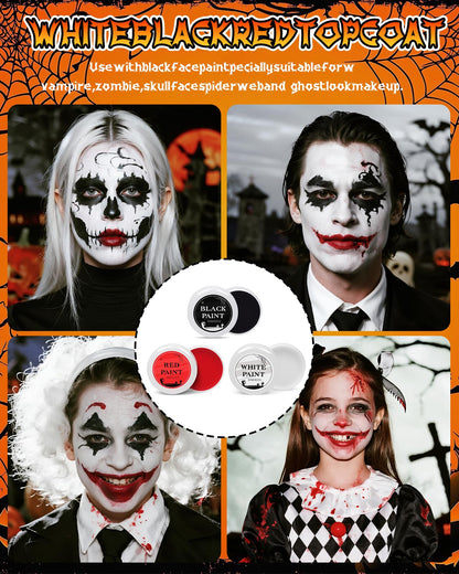 Halloween Effects Makeup Kit, 3 X 20g (0.7 oz) Red Black White Face Paint, Makeup with Tri-color Tattoo Stickers, Sponges, Brushes, Perfect for Halloween Zombie Vampire Skeleton
