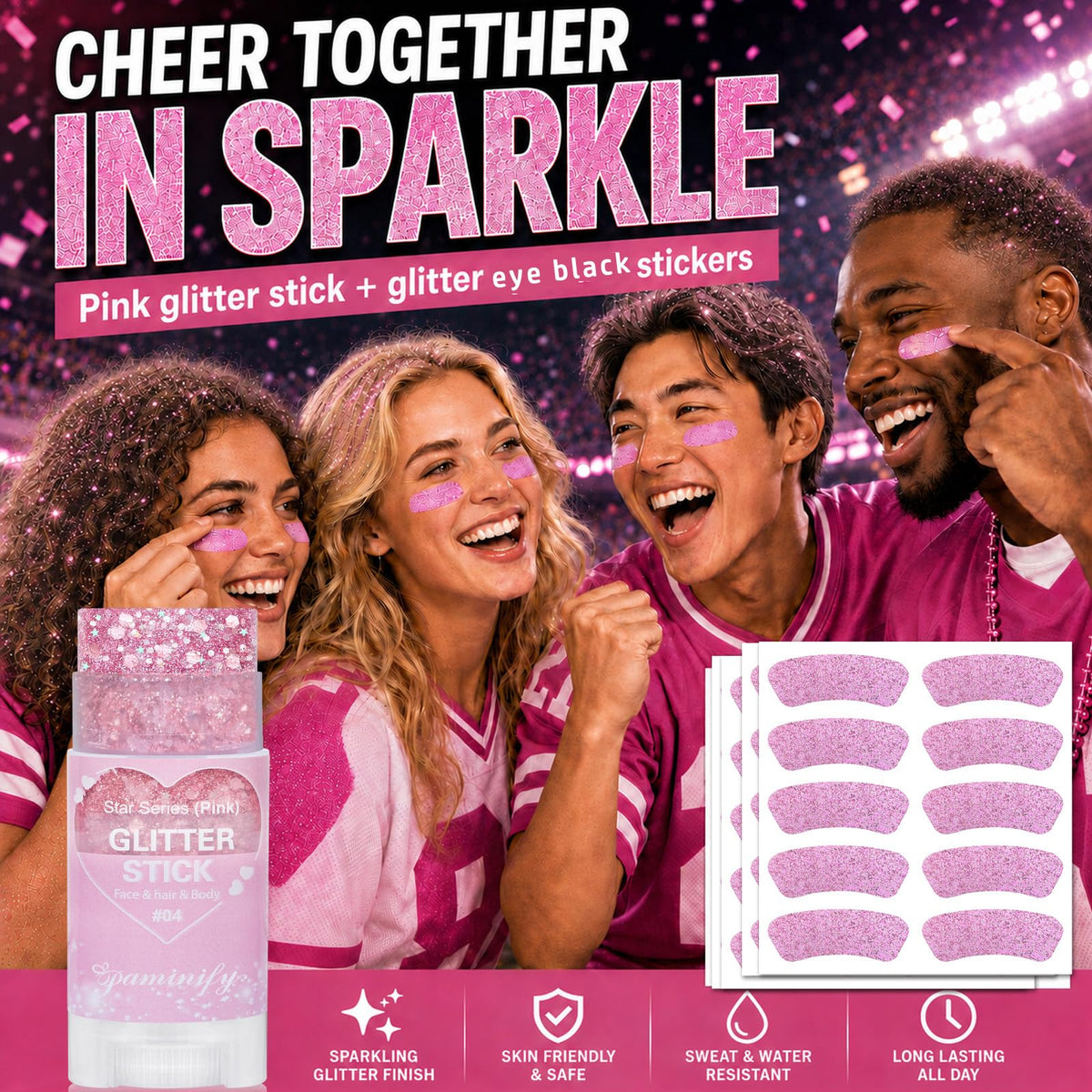 Paminify Pink Eye Black Stickers and Hair Glitter Stick Kit,Water-Proof 50pcs Eye Sticker Bulk for Baseball Softball Sports Party,Pink Spirit Day Accessories Holographic Cheer Face Body Glitter