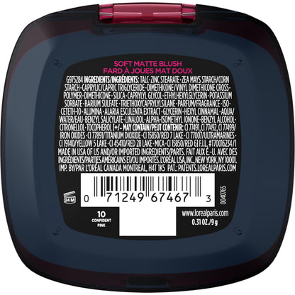 L'Oreal Paris Infallible Up to 24H Fresh Wear Soft Matte Blush, Blendable, Long-Lasting and Waterproof Cheek Make Up, Confident Pink 10, 0.31 Oz