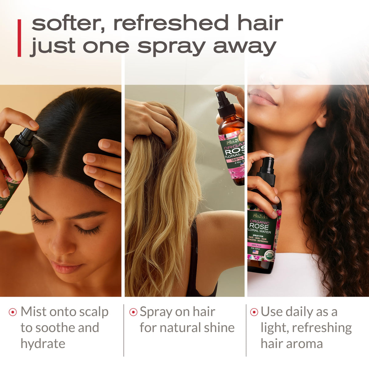 Organic Rose Water Spray for Face, USDA Certified 100% Pure, 4 Fl Oz