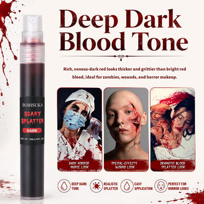 BOBISUKA Dark Fake Blood Spray– Splatter SFX Makeup Kit for Halloween, Cosplay, Zombie, Vampire, Clown, Scary Wounds, Easy Washable Formula – 0.34 fl.oz