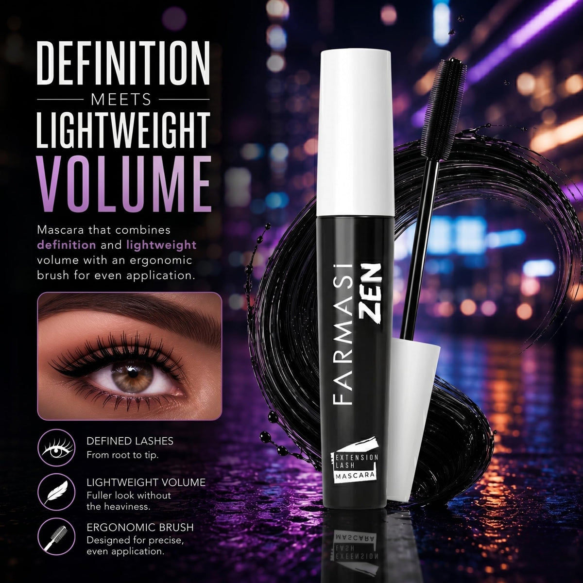 Farmasi Zen Extension Lash Mascara, Volumizing, Lengthening, Blackest
