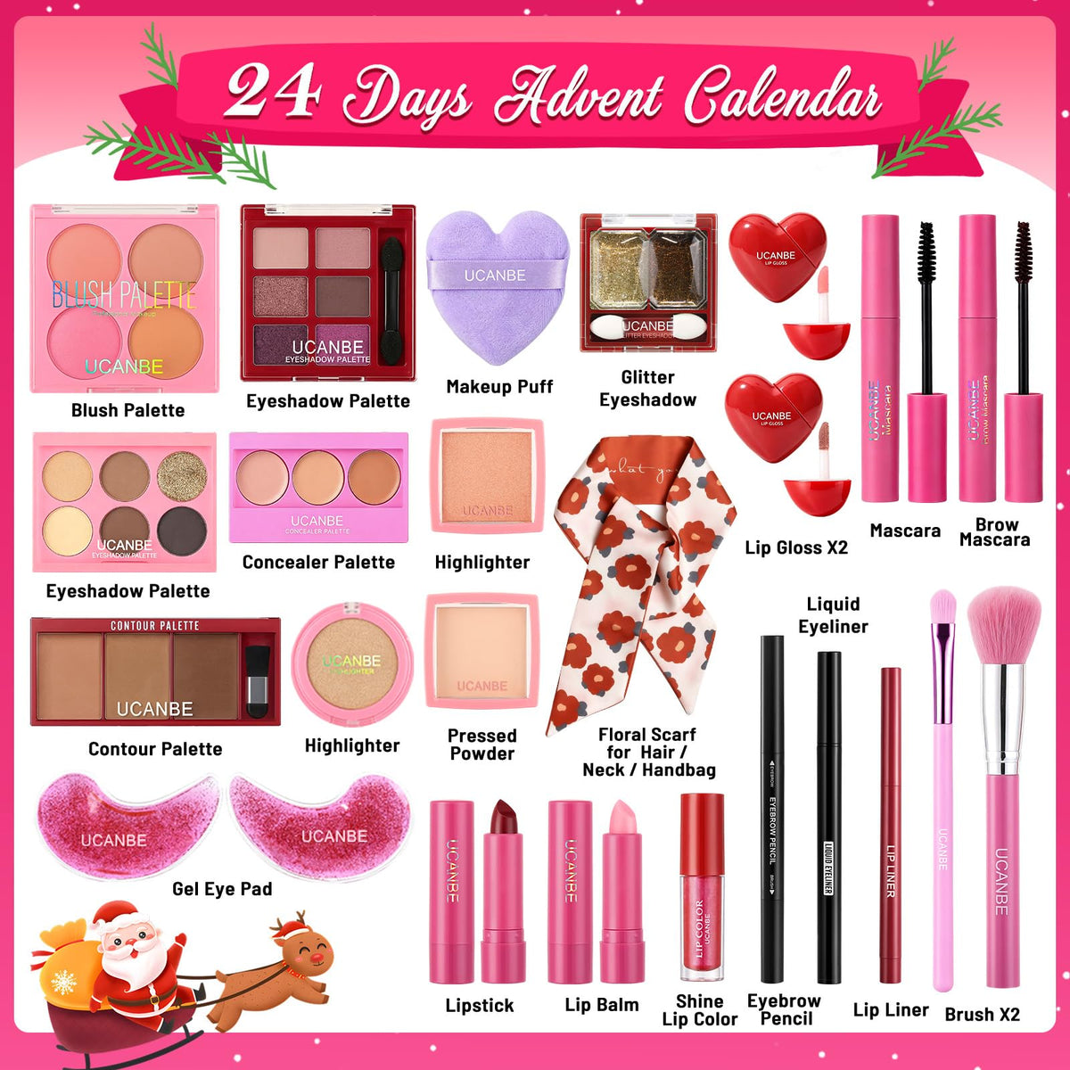 UCANBE 2026 Makeup Advent Calendar, 24-Day Christmas Makeup Gift Set for Women & Teen Girls, 2026 Xmas Beauty & Cosmetic Essentials Countdown Calendar Holiday Surprise Make Up Gift Kits Full Kit (Red)