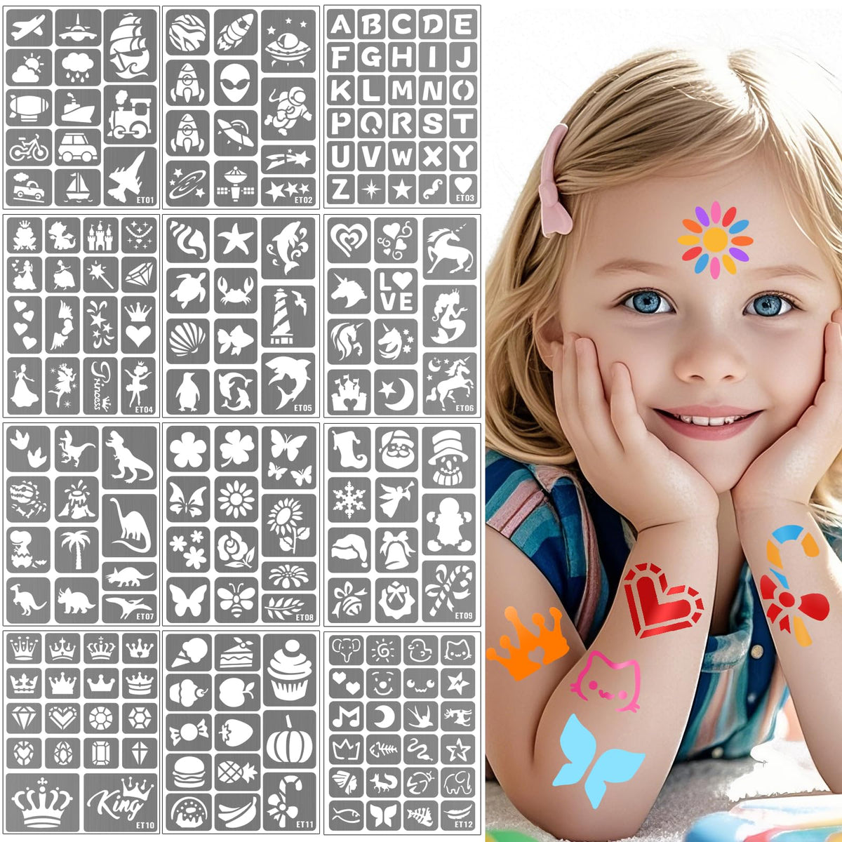 Yazhiji 183PCS Temporary Tattoo Stencils, Paint Stencils Kit on Face and Body, Girl Boy Glitter Tattoos Stencils Pack for Kids School Show Birthdays Halloween Christmas Party Favor Supplies