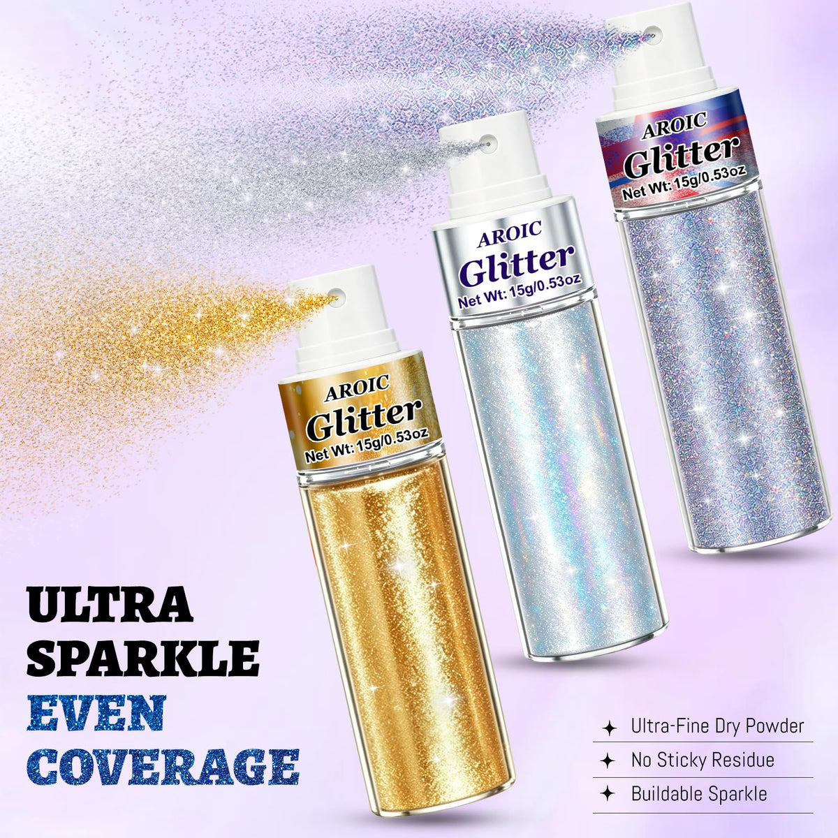 AROIC Body Glitter Spray 3 Pack, Hair & Body Shimmer Glint-Rainbow Powder