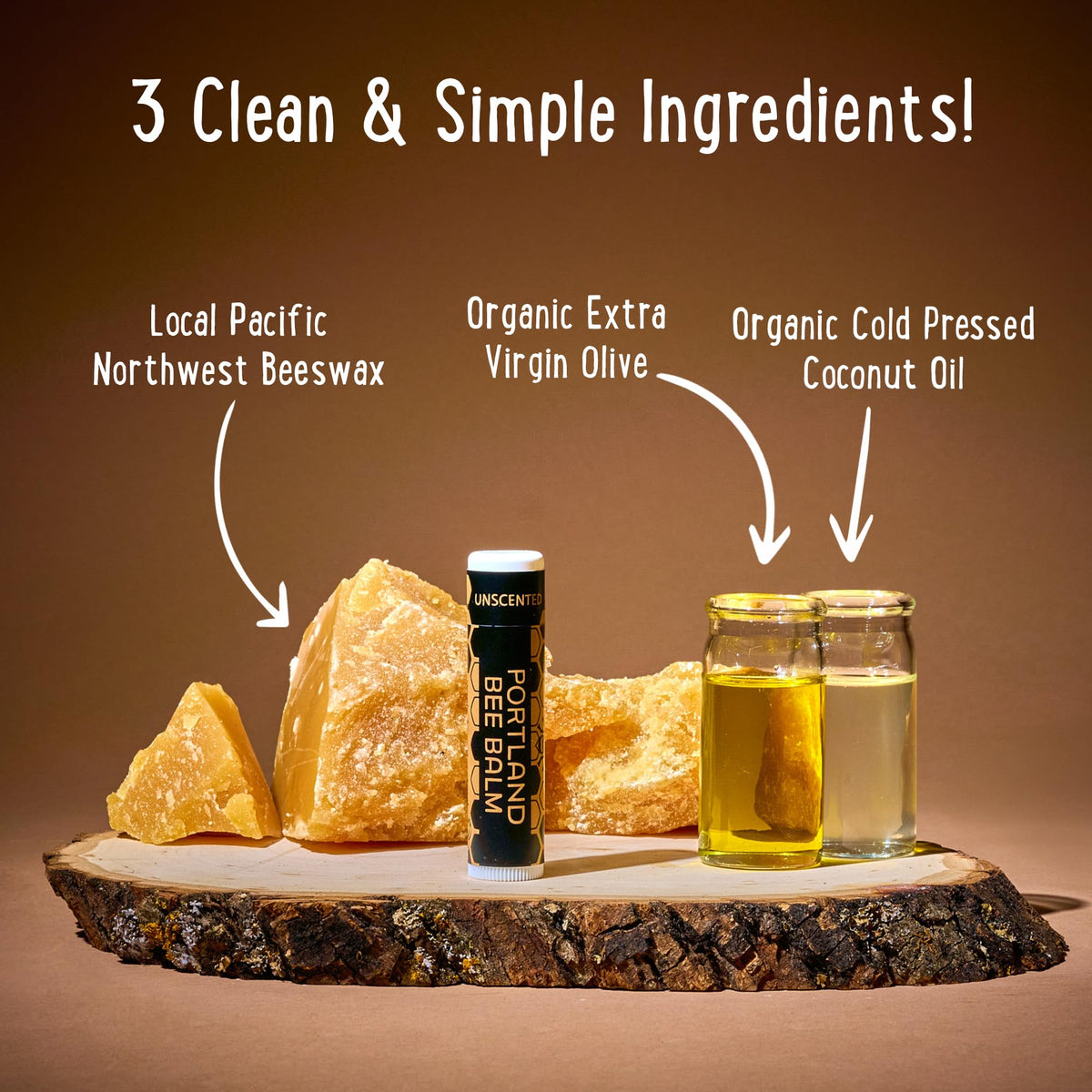 Portland Bee Balm All Natural Handmade Beeswax Lip Balm with Organic Coconut and Olive Oil (Unscented) - 3 Count | Natural Lip Balm, Cruelty Free, Plastic Neutral, | Organic Lip Balm