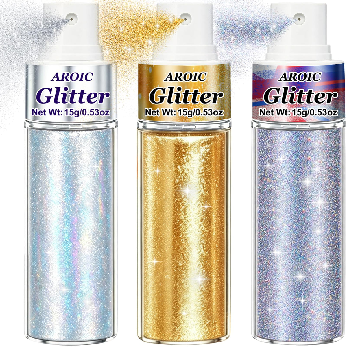 AROIC Body Glitter Spray 3 Pack, Hair & Body Shimmer Glint-Rainbow Powder