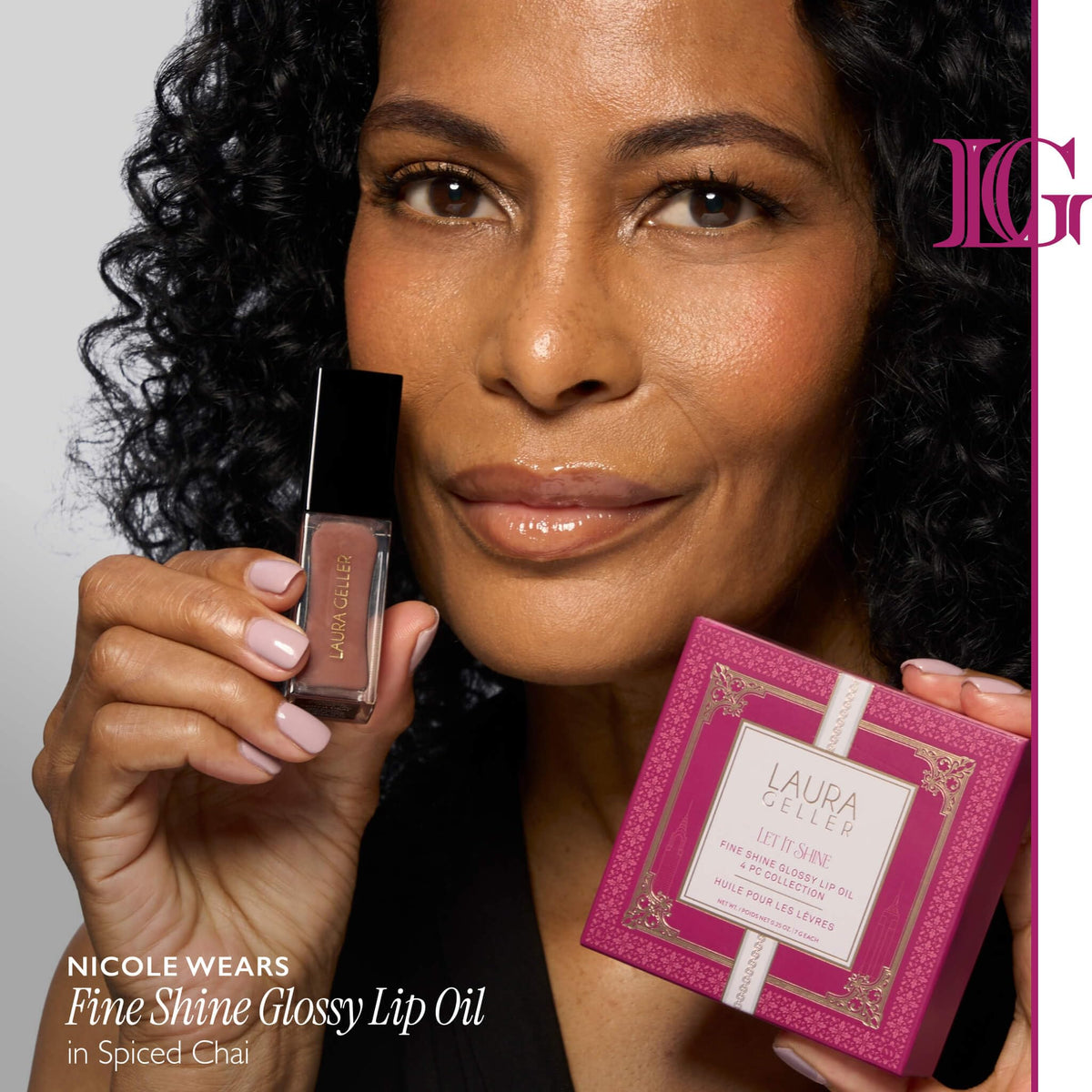 LAURA GELLER Fine Shine Glossy Lip Oil, Hydrating - Glass Half Full, Spiced Chai, Pink Prosecco, Rose Garden