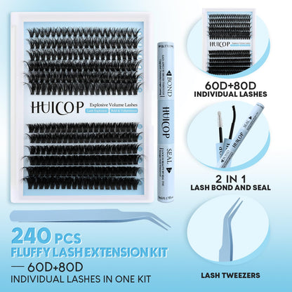 Huicop 60D+80D Eyelash Extensions Kit With 240pcs 3D Fluffy Thick Cluster Lashes, Lash Bond, Lash Seal, Tweezers for Beginners(Mage Volume 60D+80D-10-16mm KIT)