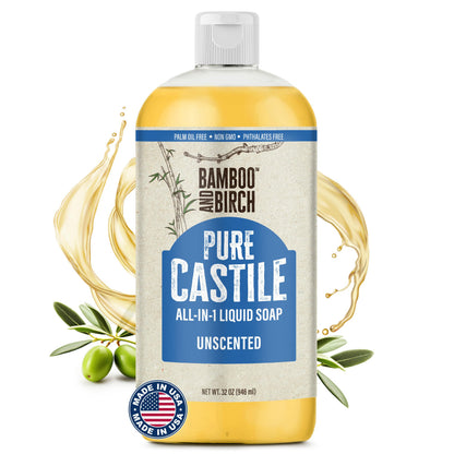 BAMBOO AND BIRCH Pure Castile Soap Liquid, Unscented, 32 oz