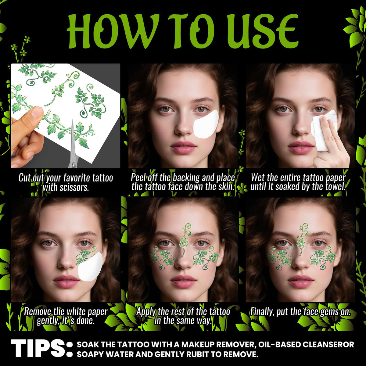 Halloween Leaf Face Makeup Temporary Tattoos+Green White Faces Gems