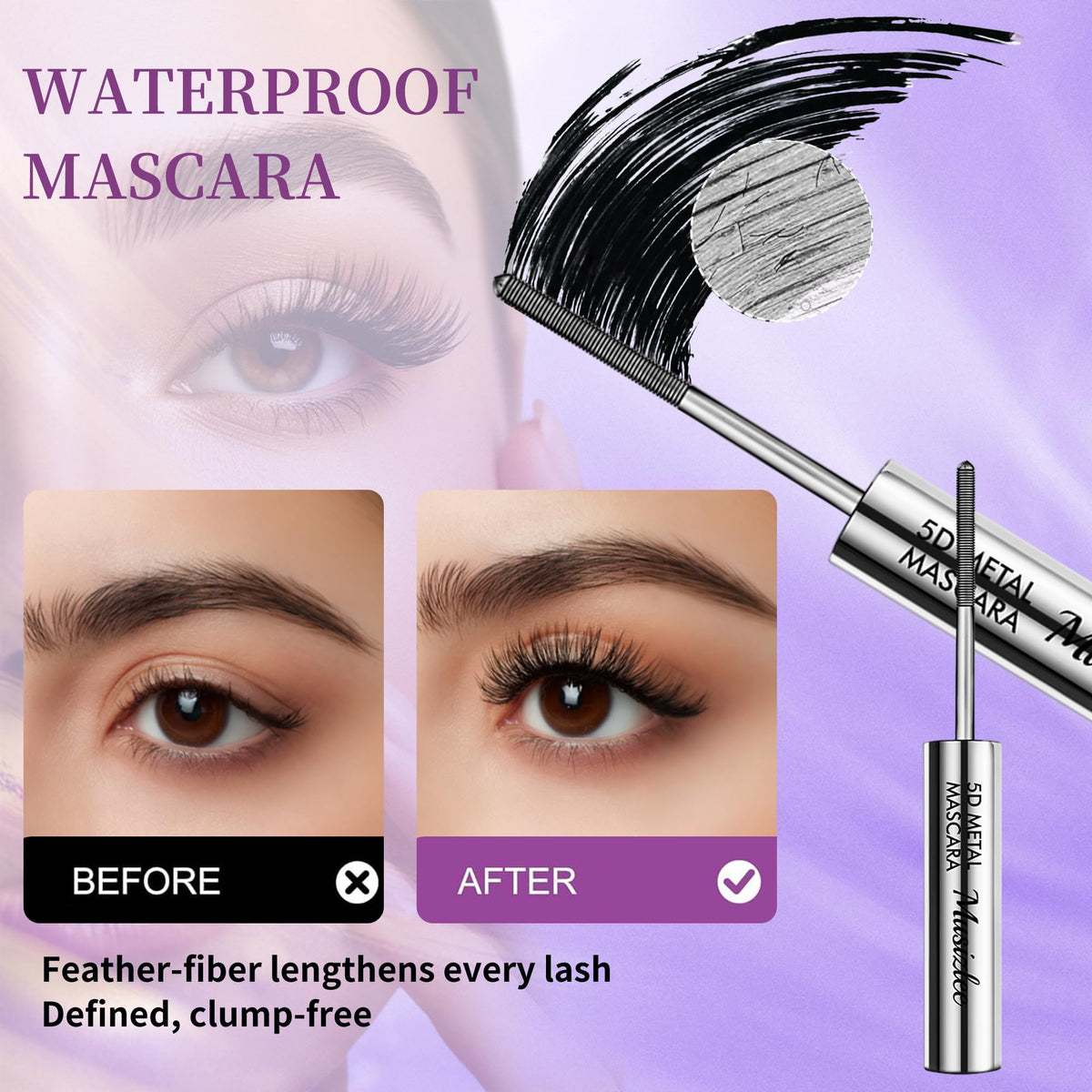 Musizlee Iron Wand Mascara, 5D Curling & Volumizing Eyelash Mascara, Black