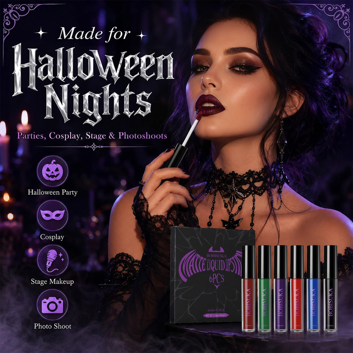 BOBISUKA 6pcs Halloween Liquid Lipstick Set, High Pigmented Bold Matte Black Blue Green Purple Red Lip Gloss Set, Waterproof Smudge-proof Lip Stain Kit for Cosplay Goth Costume Makeup