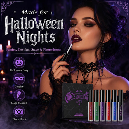 BOBISUKA 6pcs Halloween Liquid Lipstick Set, High Pigmented Bold Matte Black Blue Green Purple Red Lip Gloss Set, Waterproof Smudge-proof Lip Stain Kit for Cosplay Goth Costume Makeup