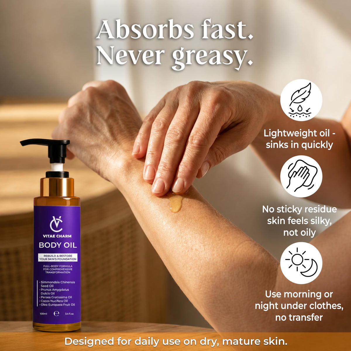 vitae charm Body Oil for Crepey, Dry & Mature Skin | 3.4 fl oz | 9 Oils Mix