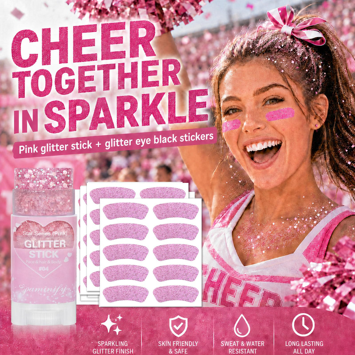 Paminify Pink Eye Black Stickers and Hair Glitter Stick Kit,Water-Proof 50pcs Eye Sticker Bulk for Baseball Softball Sports Party,Pink Spirit Day Accessories Holographic Cheer Face Body Glitter
