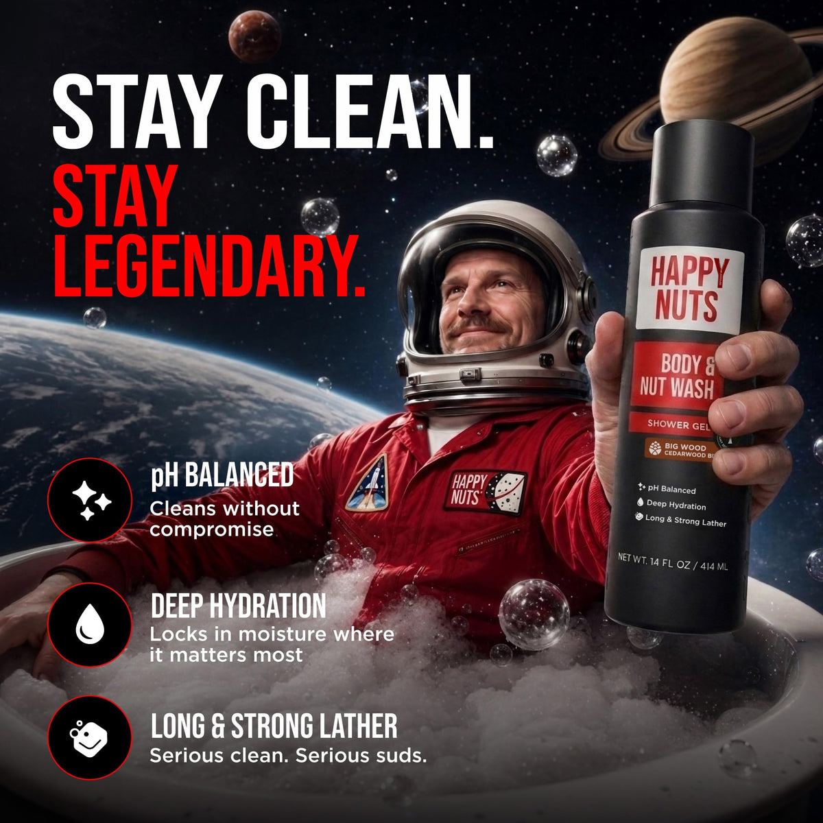 HAPPY NUTS Big Wood Body and Nut Wash - Moisturizing Men's Shower Gel, Bodywash with Deep Cleanse for Sensitive Skin - Men's Body Soap