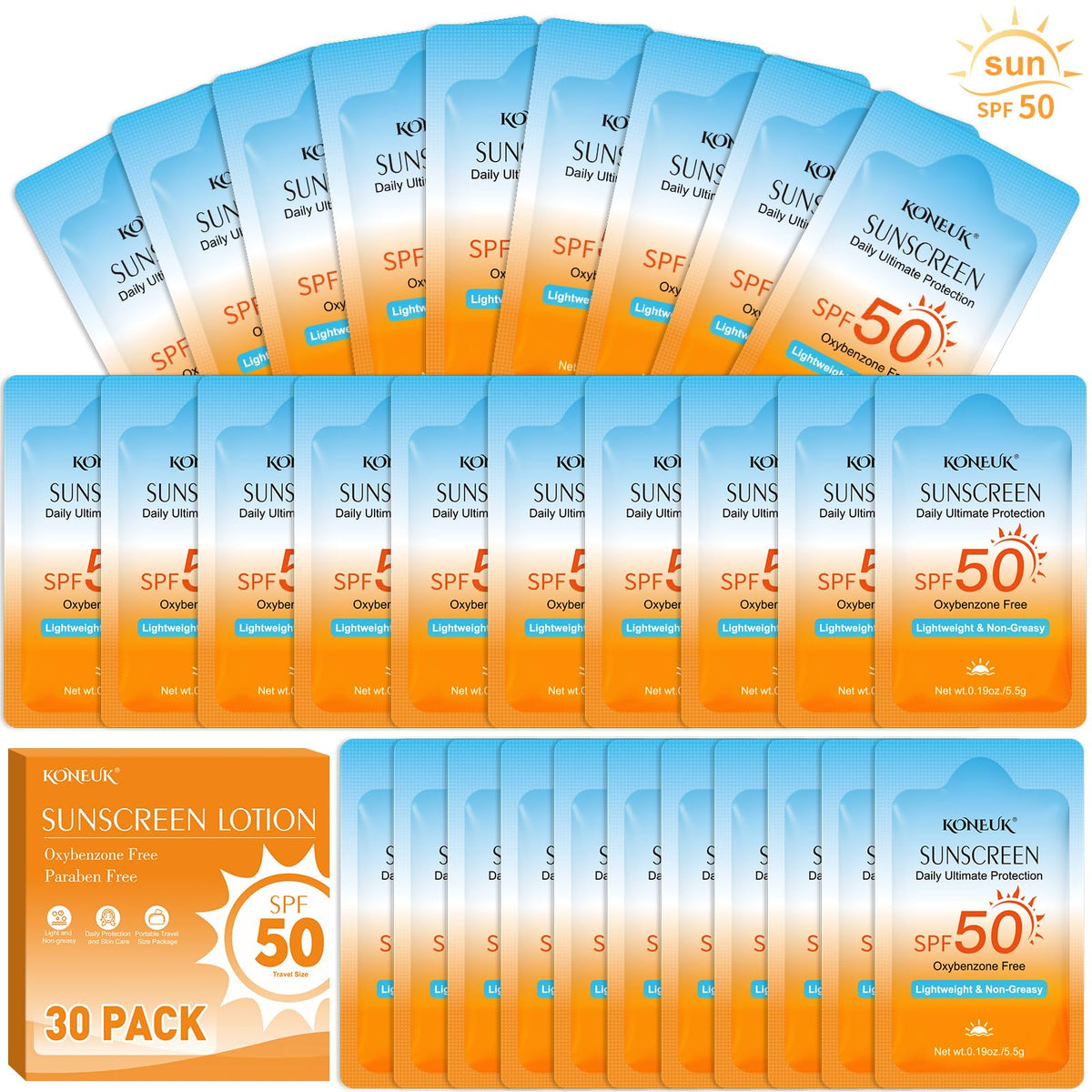 30 Pack Travel Size Sunscreen, SPF 50, Mini Sunscreen for Face and Body