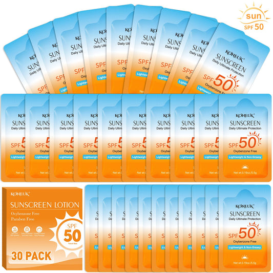 30 Pack Travel Size Sunscreen, SPF 50, Mini Sunscreen for Face and Body