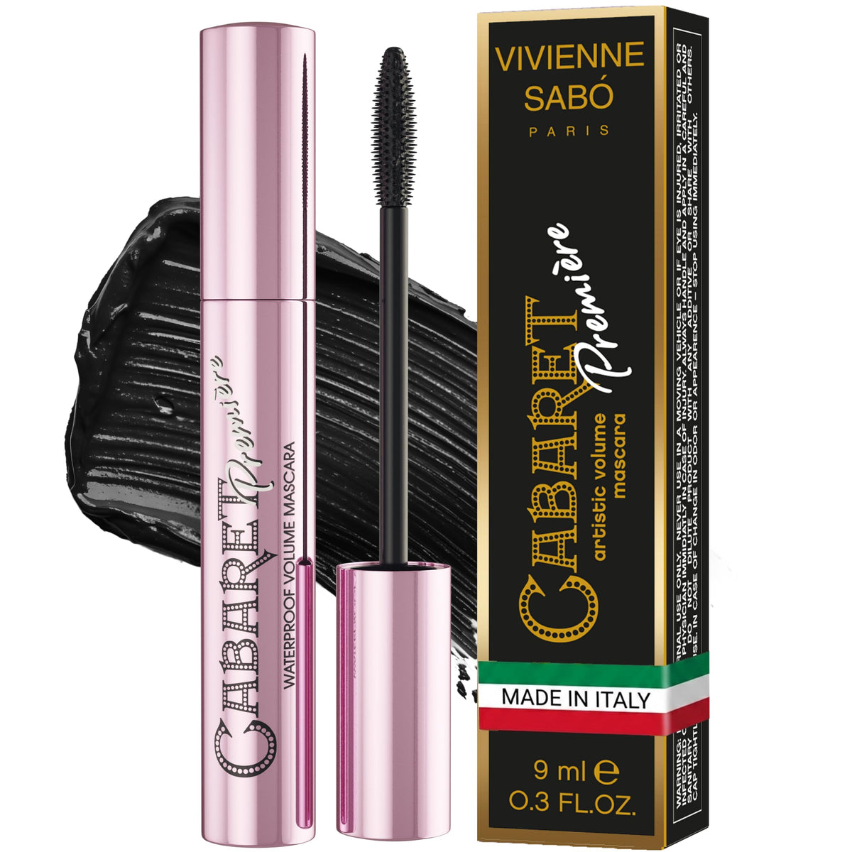 Vivienne Sabó Cabaret Premiere Black Waterproof Mascara, Volume and Length, Curling, No Flaking, No Clumping, Smudge Proof, Washable, Cruelty-Free, Made in Europe, (01 Black), 0.3 Fl Oz, 1 Pack
