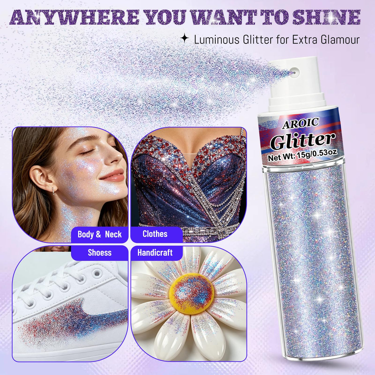 AROIC Body Glitter Spray 3 Pack, Hair & Body Shimmer Glint-Rainbow Powder