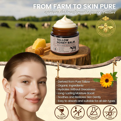 Pnctho Beef Tallow for Skin, Tallow and Honey Balm with 100% Grass-Fed Beef Tallow & Raw Wild Honey, Natural Face & Body Moisturizer for Deep Hydration, Barrier Repair, Soothing Relief 2.1 OZ