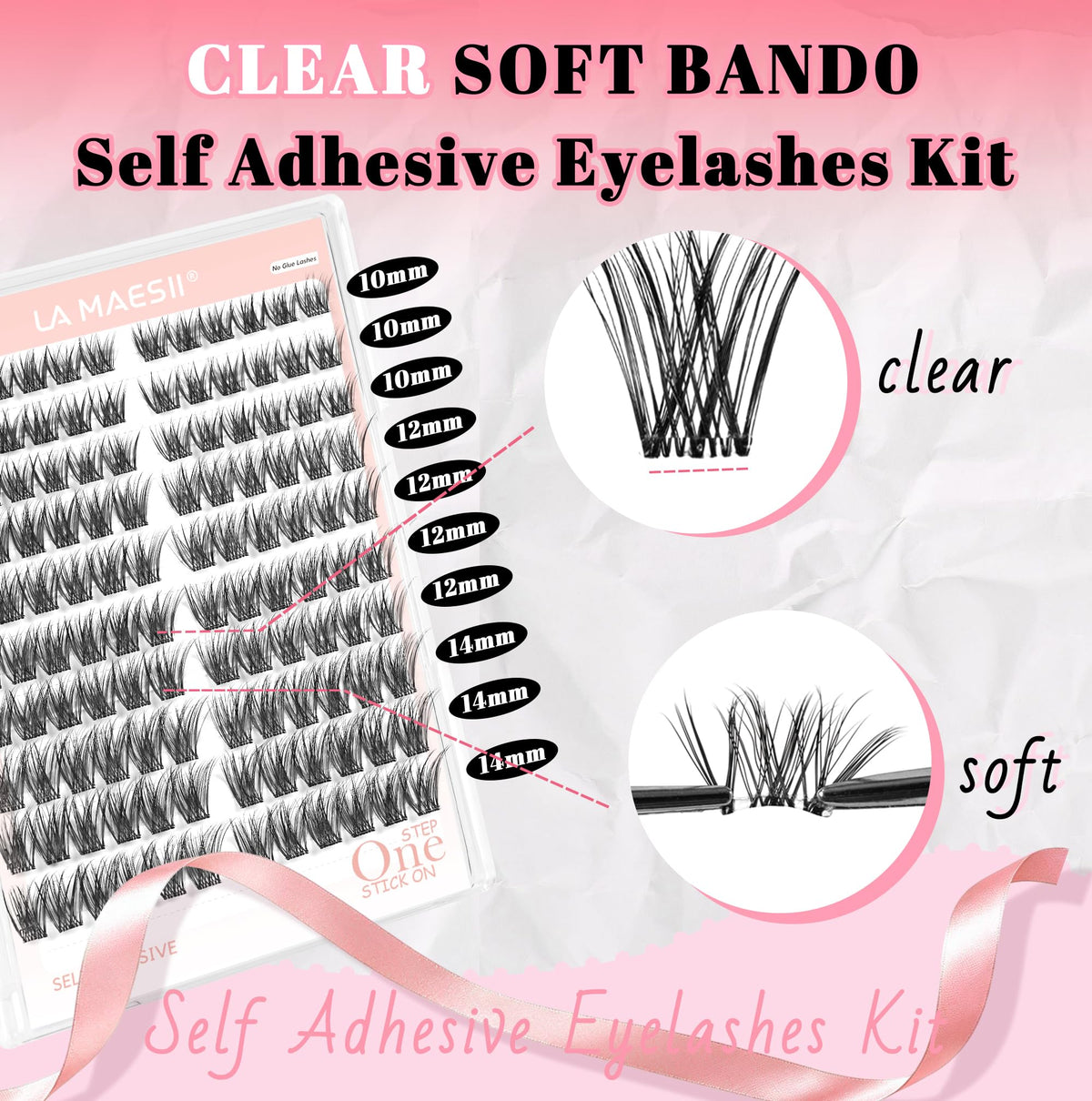 LA MAESII Self Adhesive Lash Clusters,Wispy Pre Glued Clear Band Lashes